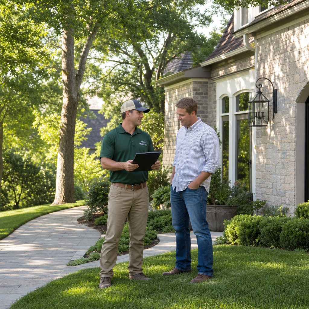 Landscaping professional consulting with a homeowner during an on-site estimate in Nashville, Tennessee