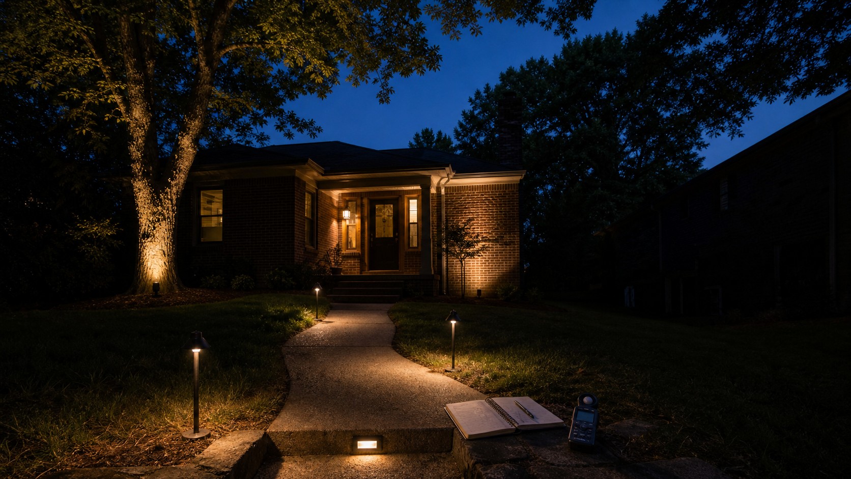 Nashville walkway with shielded warm lighting and a dark neighboring property boundary