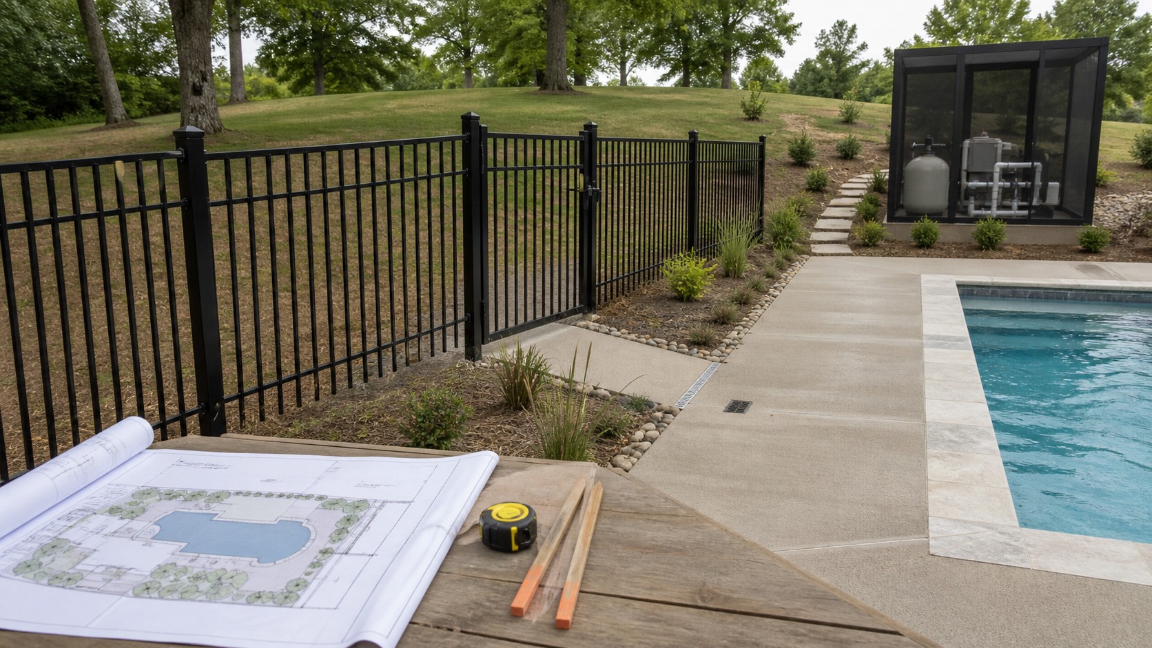 Nashville pool plan showing clear barrier gate, equipment route, deck drainage, and restrained planting